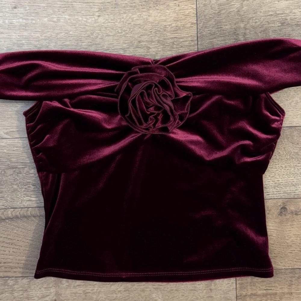 Reformation Off-Shoulder Velvet Crop Top with Rosette - Burgundy